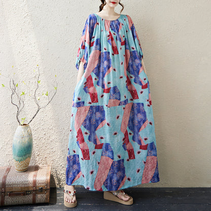 Woman wearing Multi-Color Printed Loose Dress in a sunny outdoor setting