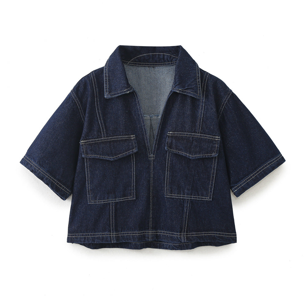 Woman wearing Short Denim Shirt for Women in a casual setting