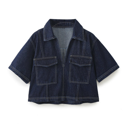 Woman wearing Short Denim Shirt for Women in a casual setting