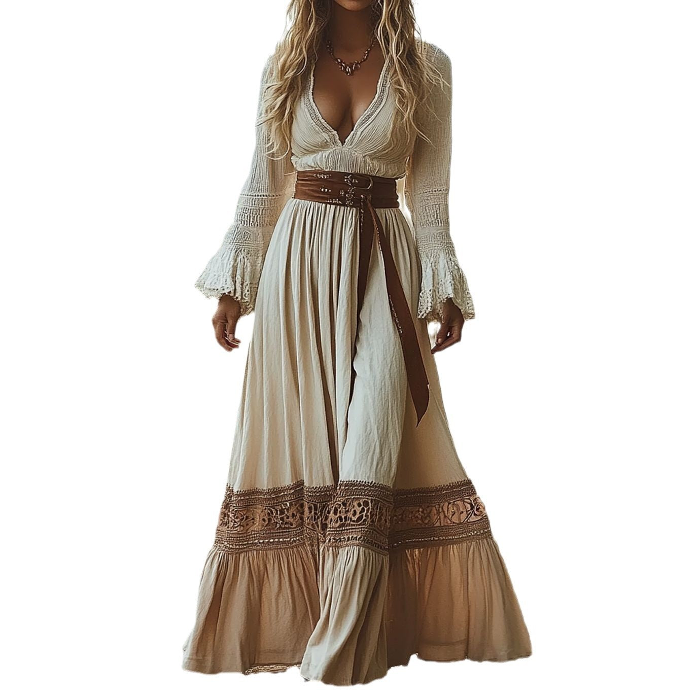 Woman wearing Vintage Western Bohemian Long Dress in a sunny outdoor setting