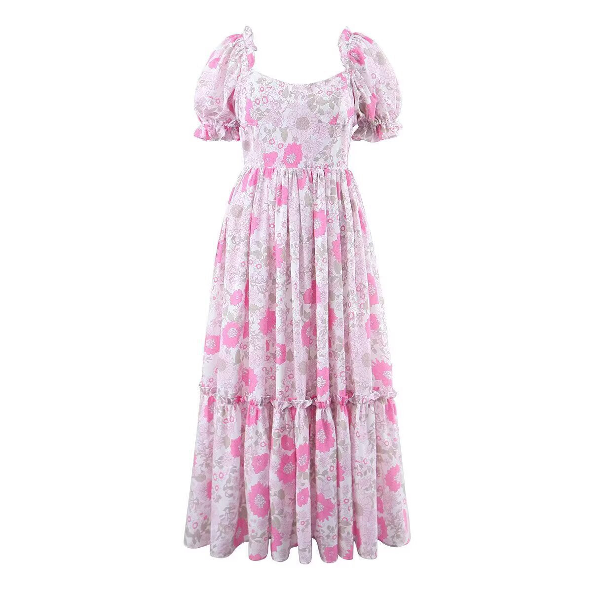 Floral A-Line Long Dress with Puff Sleeves | Tajstylo