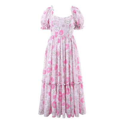 Floral A-Line Long Dress with Puff Sleeves | Tajstylo