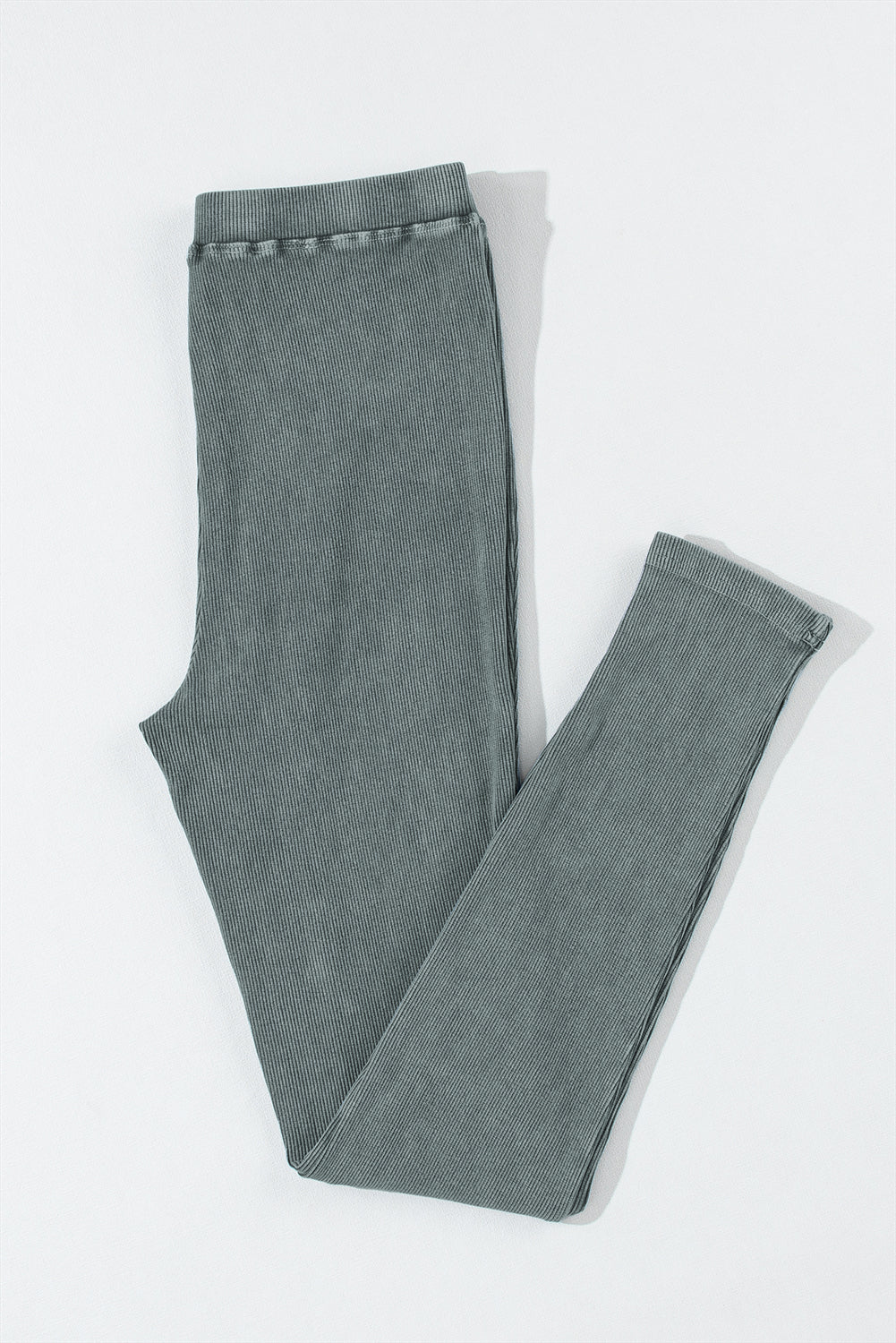 Woman wearing Dark Grey Vintage Wash Ribbed Leggings in a casual setting