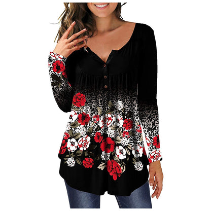 Woman wearing Floral Printed Tunic Shirt in a spring setting