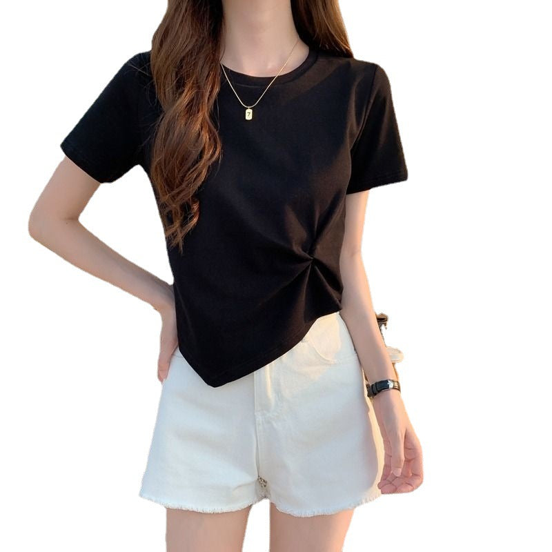 Woman wearing Slim Fit Short Sleeve Crop Top in a casual setting