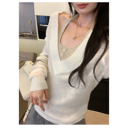 Faux Two-Piece Wool V-Neck Knit Sweater | Tajstylo