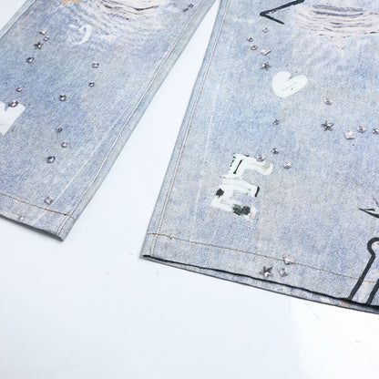Woman wearing Fun Dog Cartoon Printed Denim Pants in a casual street setting