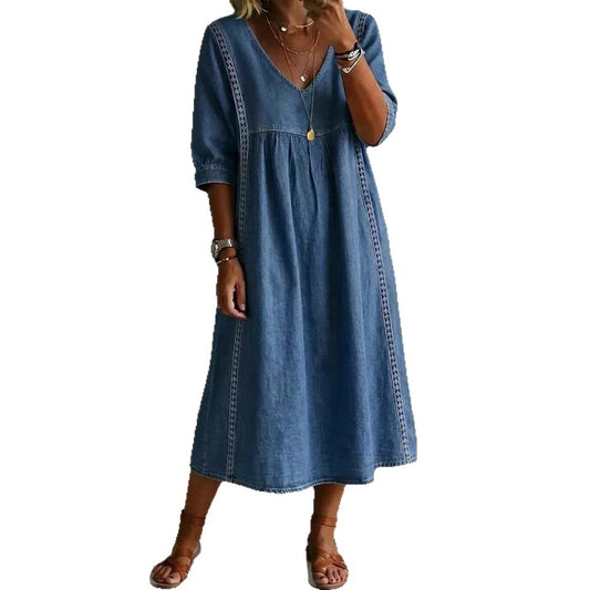 V-Neck Patchwork Lace Linen Dress | Tajstylo