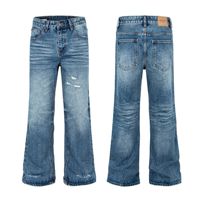 Woman wearing Distressed Flared Denim Jeans in a city setting