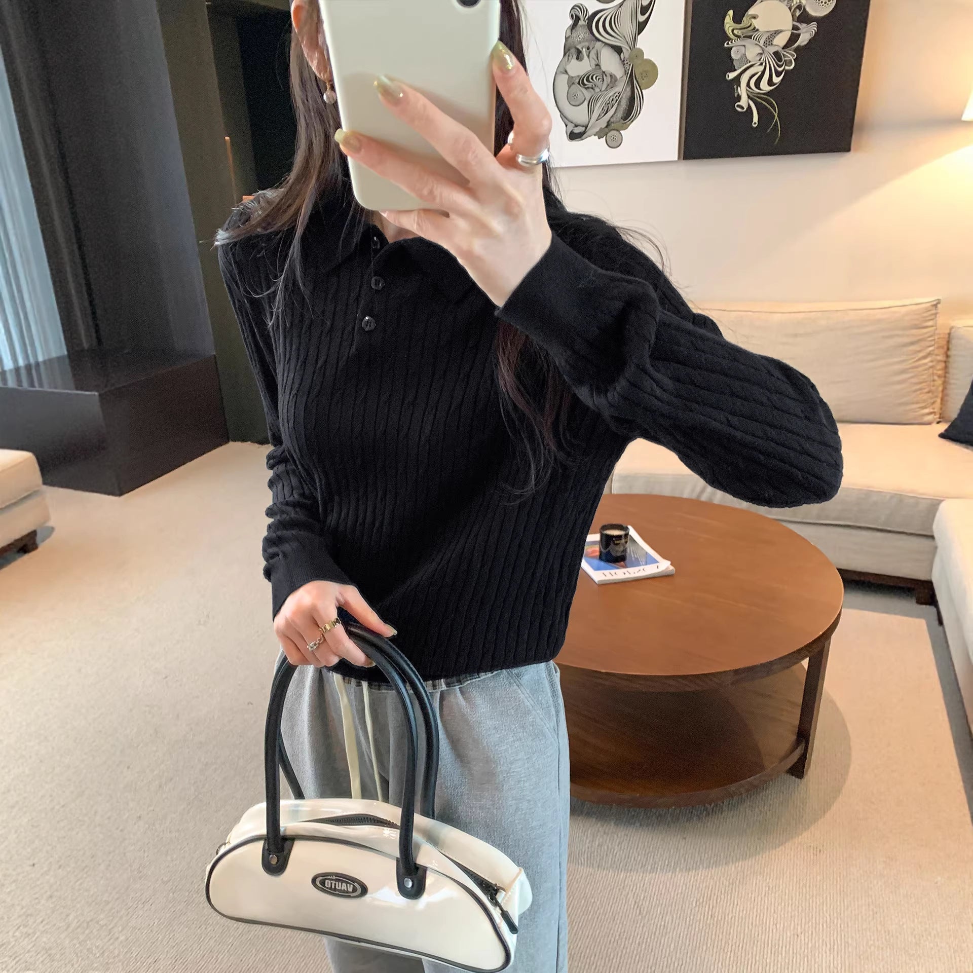 Woman wearing Slim Fit Long Sleeve Knit Sweater in a casual setting