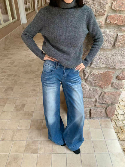 Woman wearing Wide Leg Flare Jeans in a casual outdoor setting
