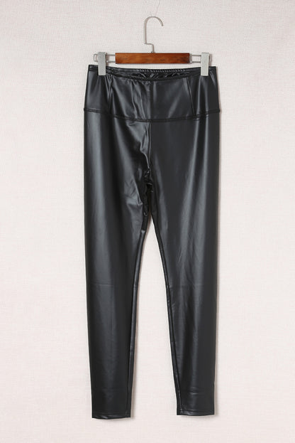 Woman wearing Black Faux Leather High Waist Leggings in a trendy urban setting