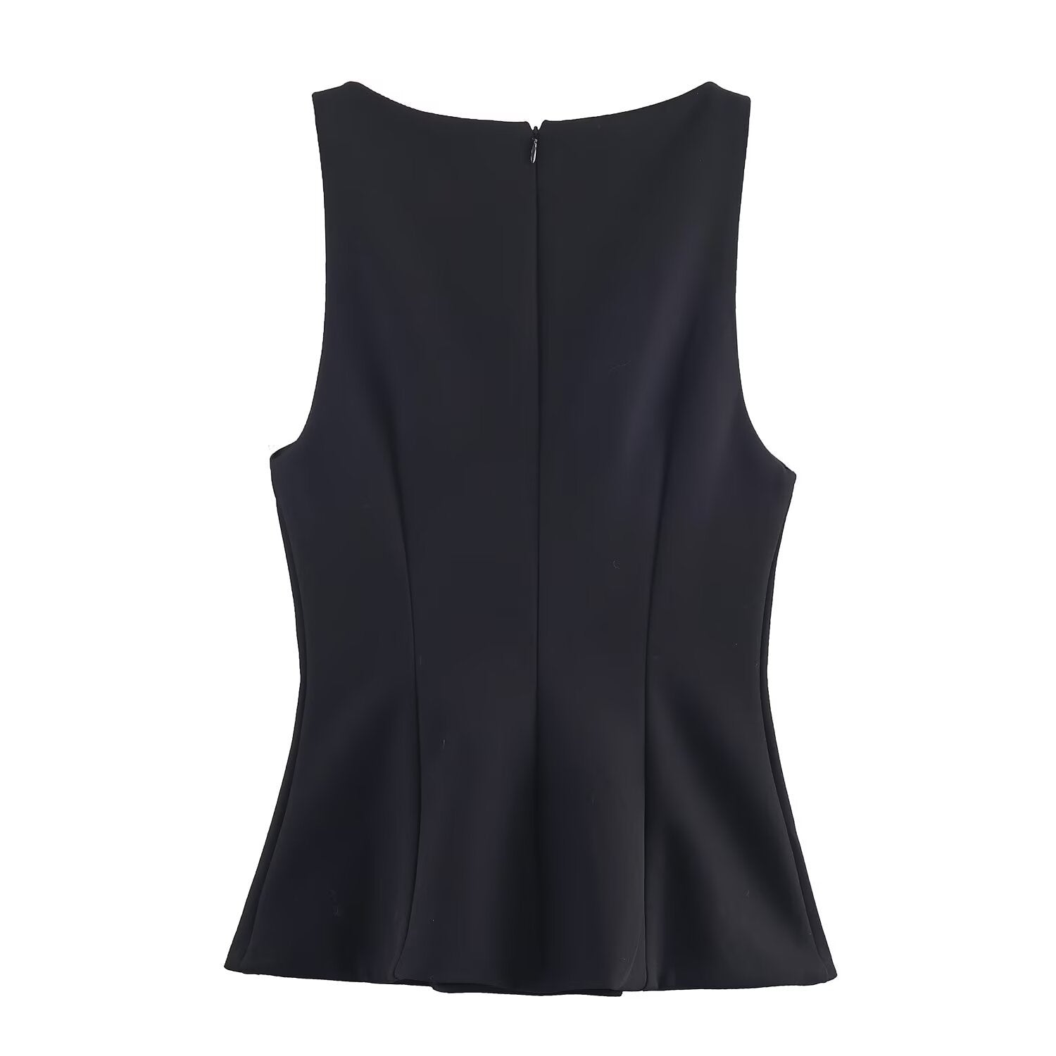 Woman wearing One Shoulder Sleeveless Button Up Top in a stylish outdoor setting