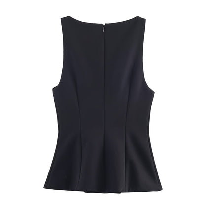 Woman wearing One Shoulder Sleeveless Button Up Top in a stylish outdoor setting