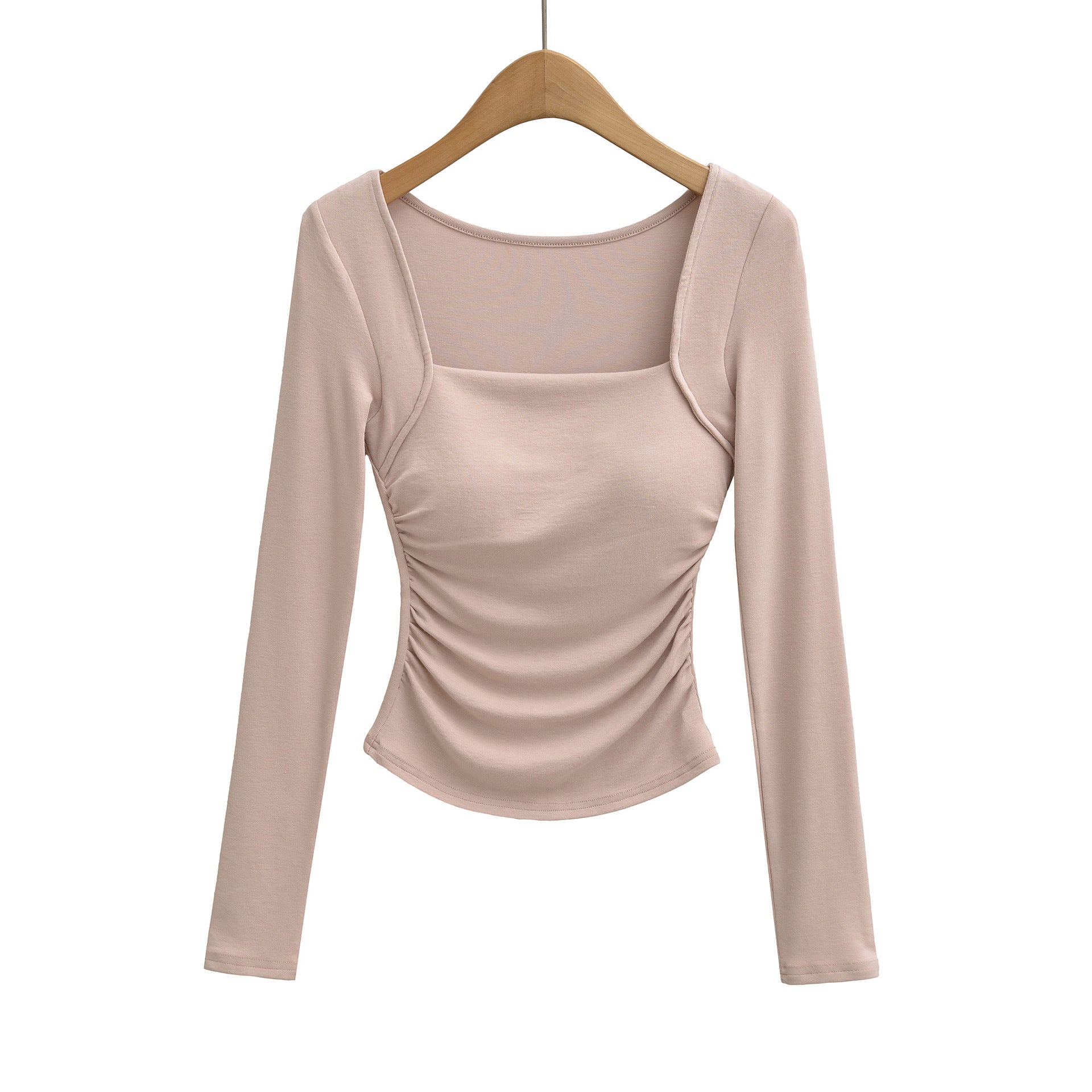 Woman wearing Square Neck Pleated Long Sleeve T-Shirt in a stylish urban setting