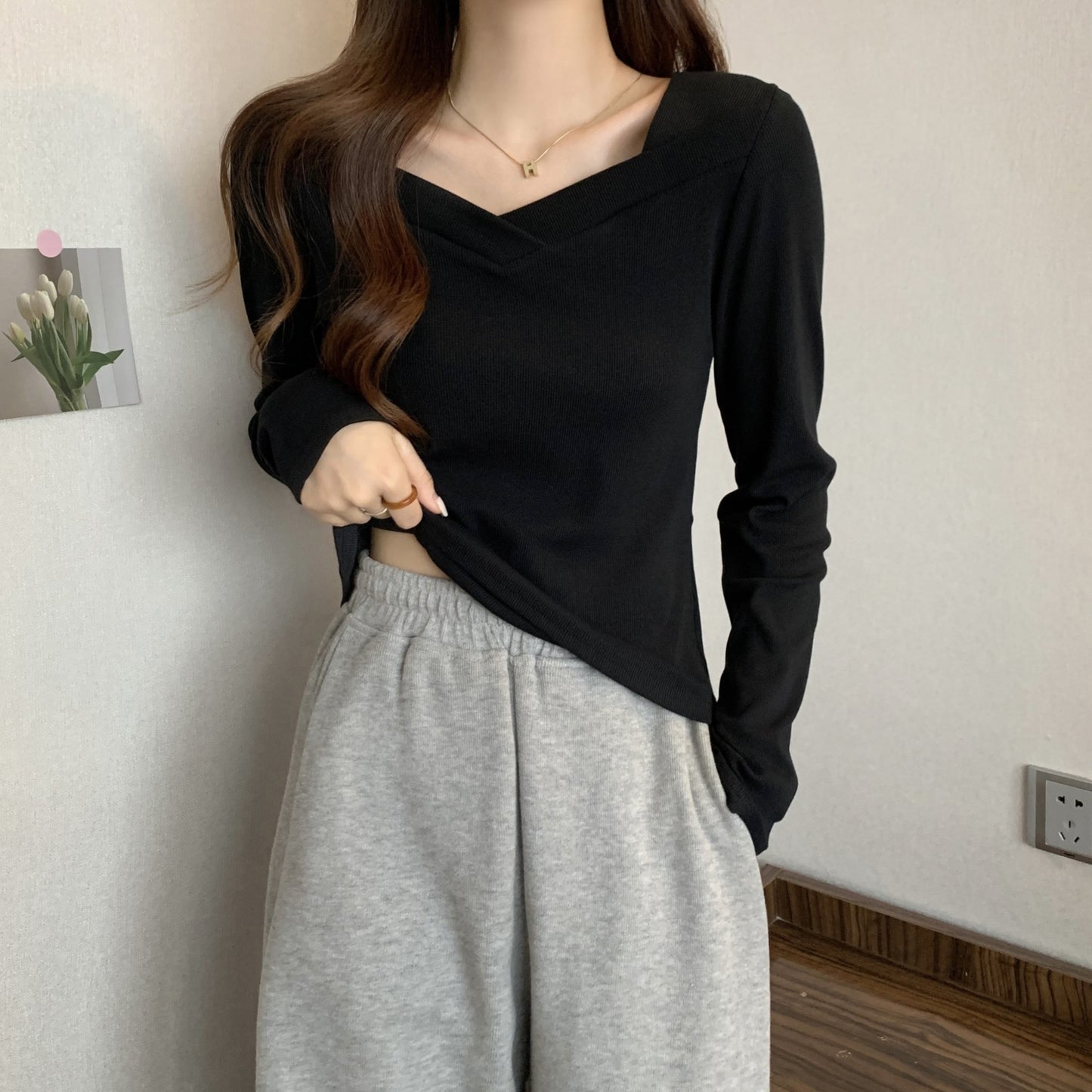 V Neck Long Sleeve Fleece Top | Tajstylo