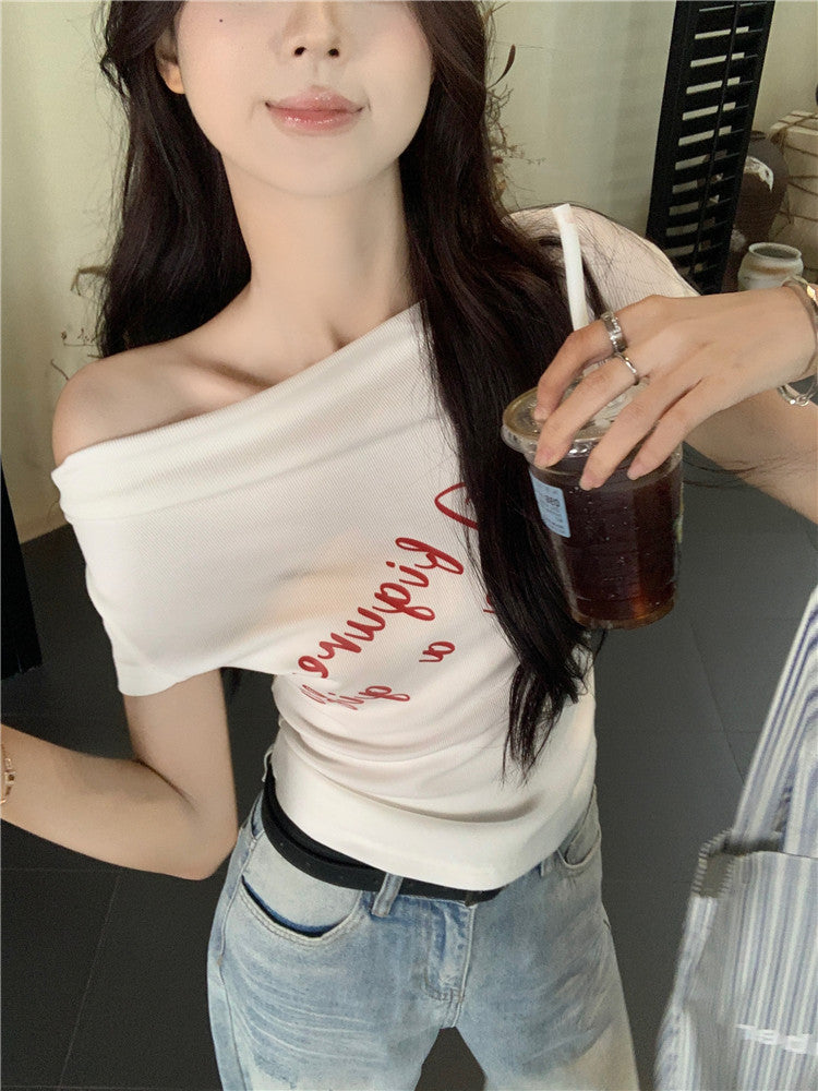 One Shoulder Fitted Crop Top with Letter Print | Tajstylo
