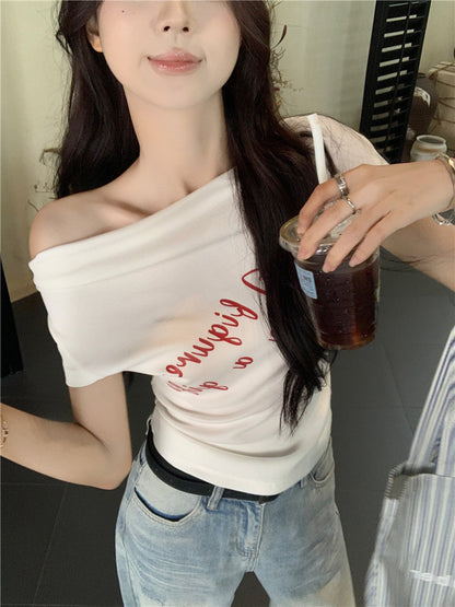 One Shoulder Fitted Crop Top with Letter Print | Tajstylo