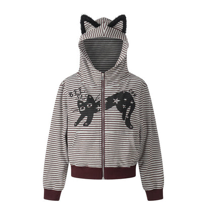Woman wearing Striped Hooded Zipper Hoodie in a casual outdoor setting
