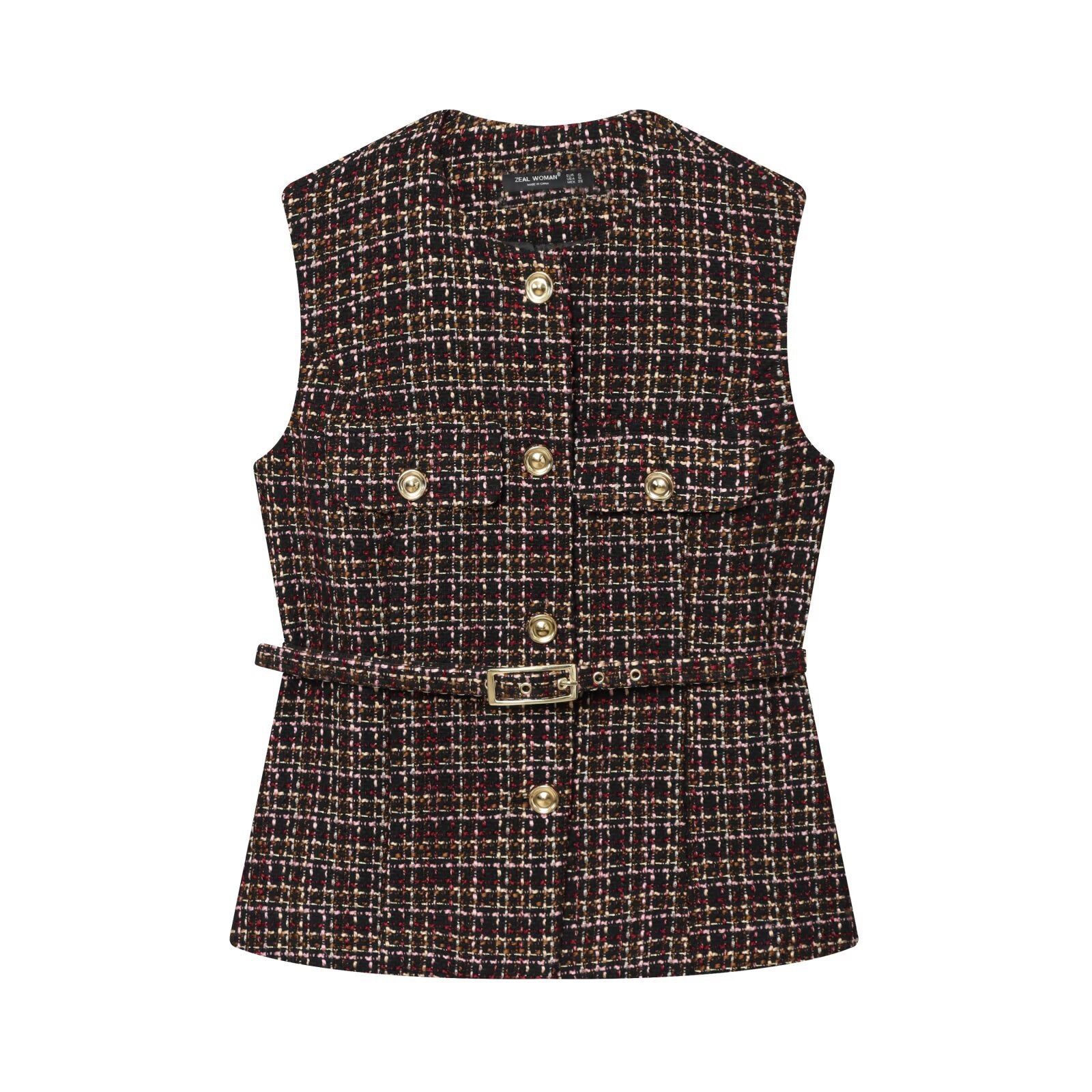 Woman wearing Plaid Belted Textured Vest in a stylish setting
