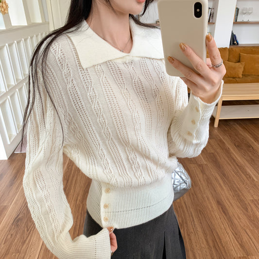 Woman wearing Classic Collar Knit Polo Shirt in a casual setting