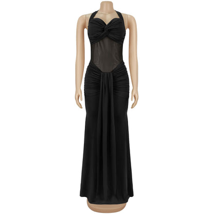 Sheer Mesh Halter Tie-Back Bodycon Dress | Tajstylo