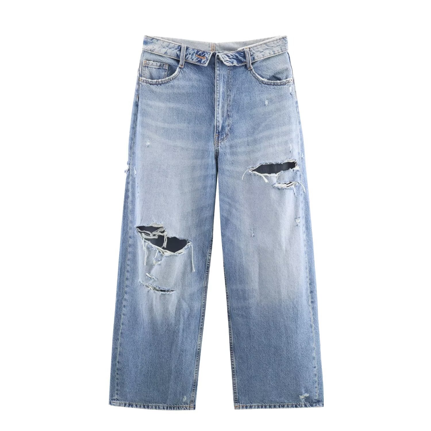 Woman wearing Mid Waist Ripped Straight Leg Jeans in a casual setting