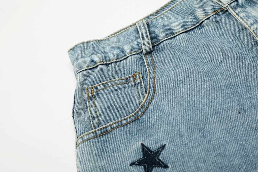 Five Pointed Star Embroidered Denim Cargo Pants | Tajstylo
