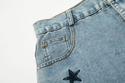 Five Pointed Star Embroidered Denim Cargo Pants | Tajstylo