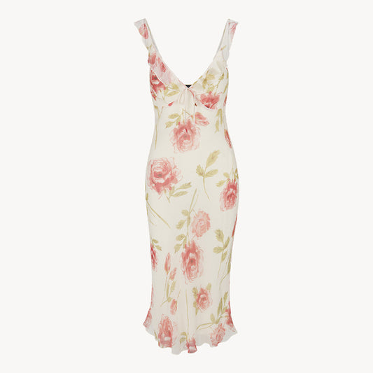 V-Neck Floral Silk Dress | Tajstylo