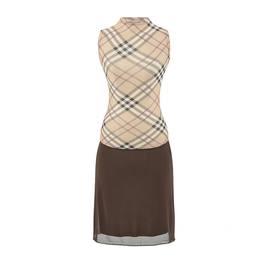 Brown Plaid High-Neck Sleeveless Set | Tajstylo