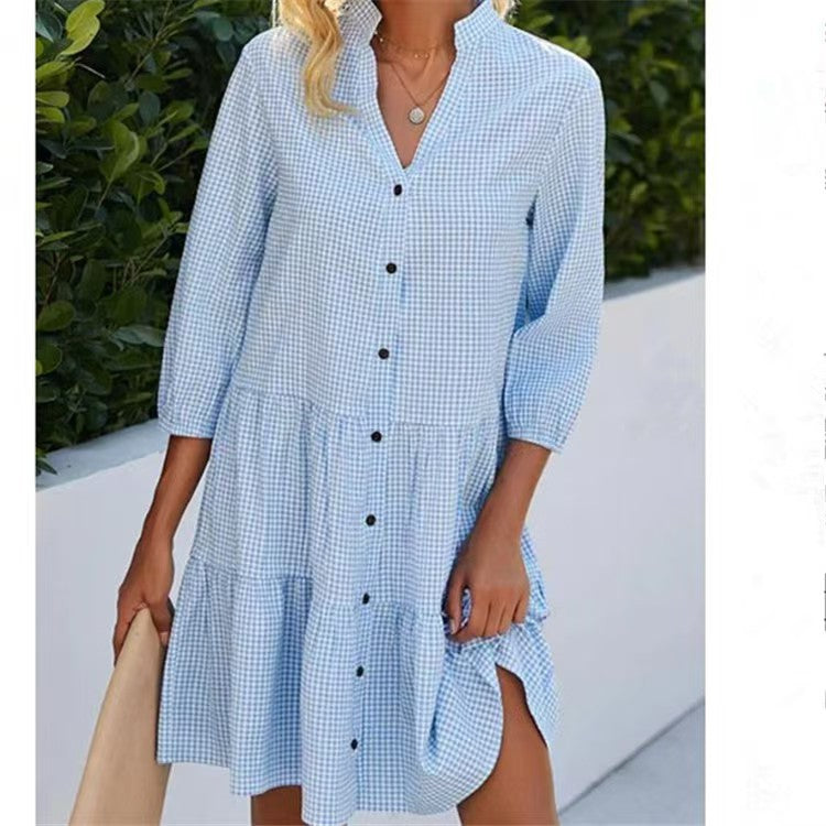 Woman wearing Chic Plaid Stand Collar Dress in a city setting
