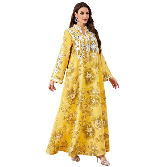 Embroidered Printed Long Robe Dress | Tajstylo