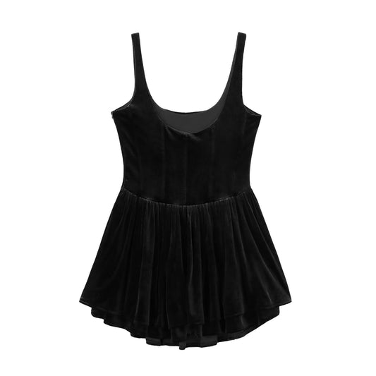 Woman wearing Velvet Corset Style Dress in a casual setting