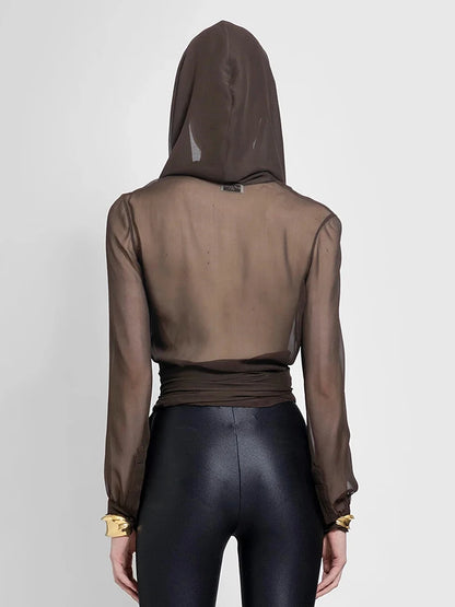 Woman wearing Solid Sheer Mesh Slimming Hooded Shirt in a casual setting