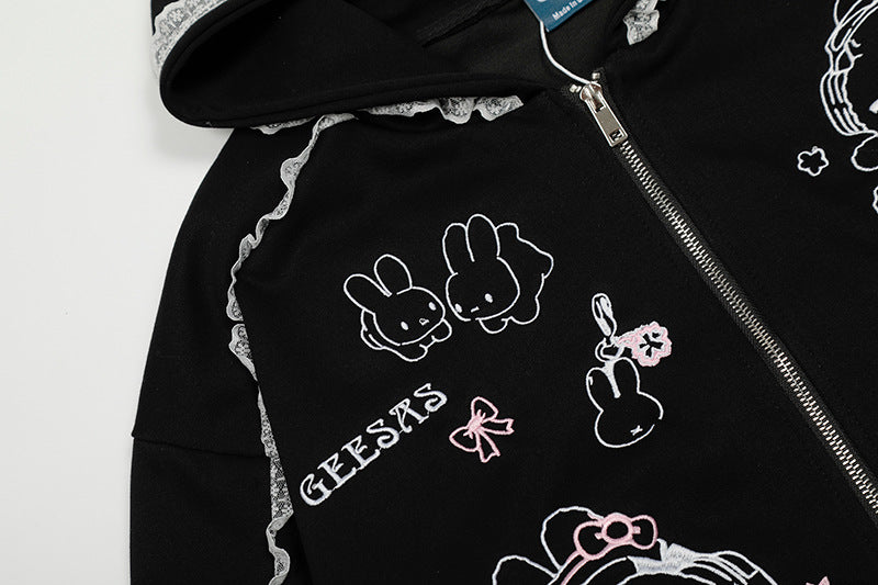 Lace Spliced Hooded Sweatshirt | Tajstylo