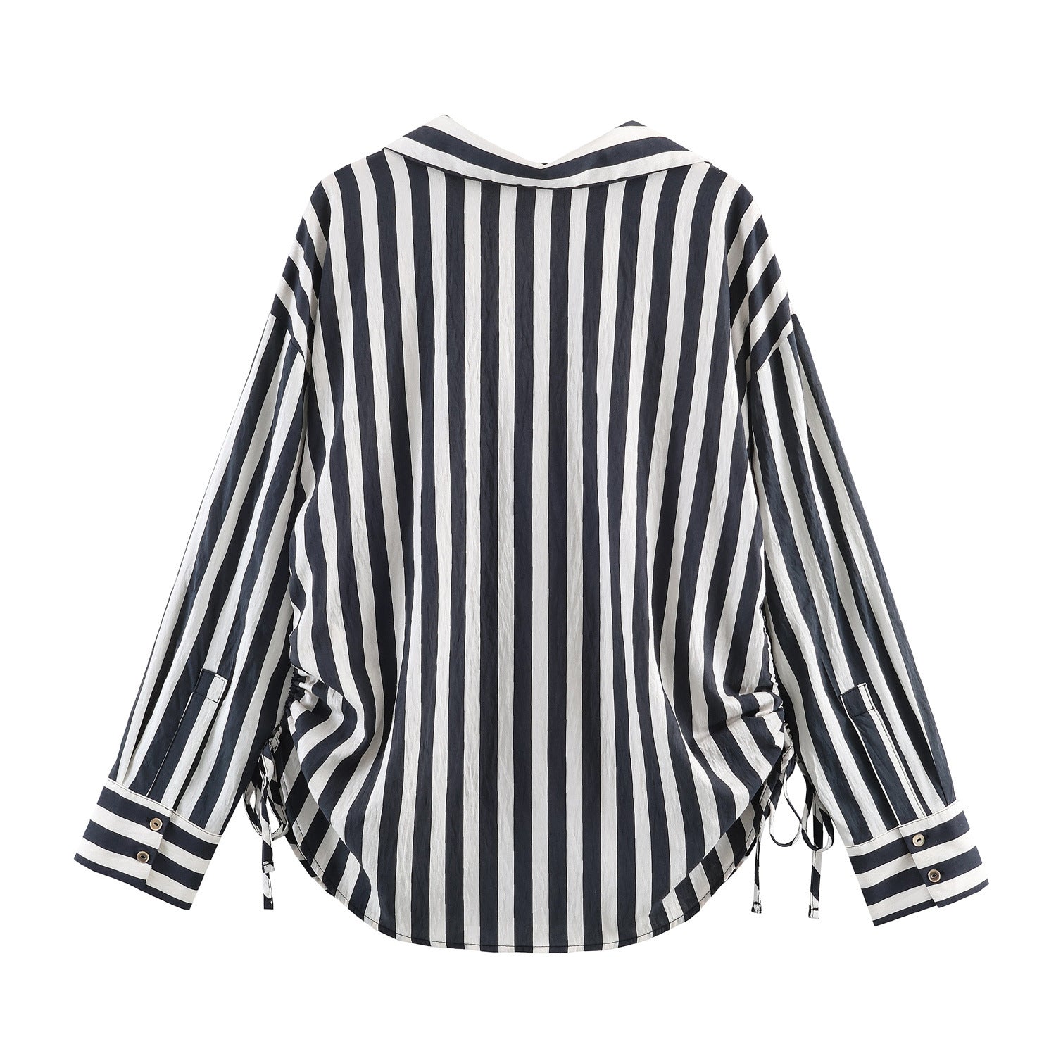 Woman wearing Lace Up Striped Shirt in a casual setting