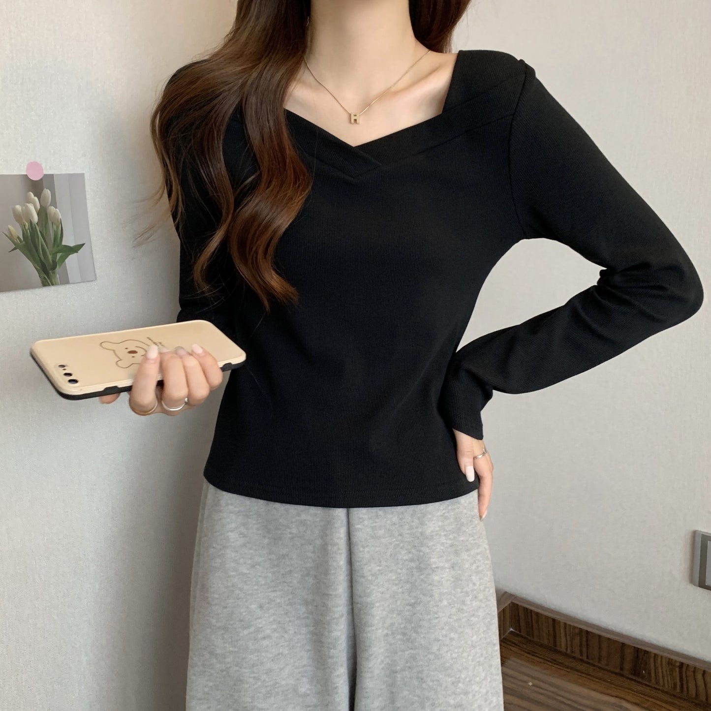 V Neck Long Sleeve Fleece Top | Tajstylo
