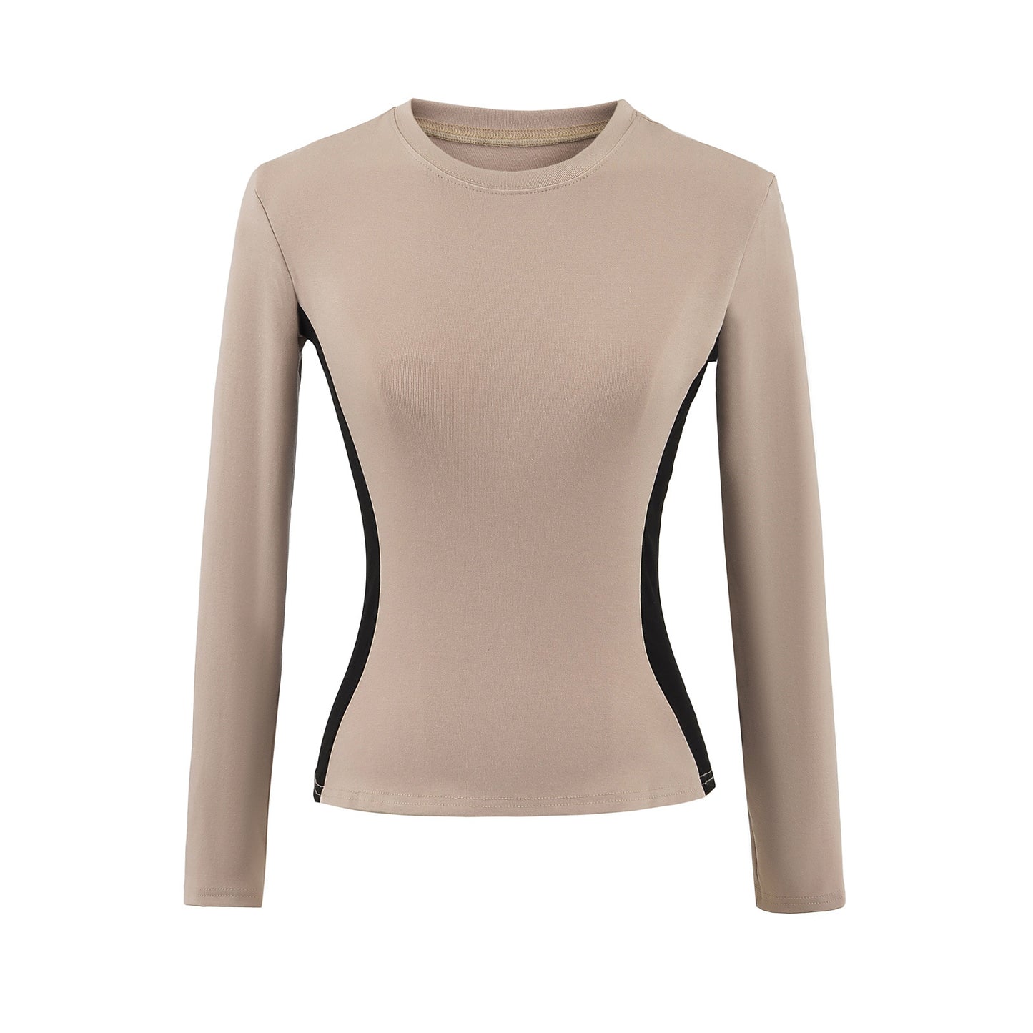 Woman wearing Round Neck Color Block Long Sleeve Top in a casual setting