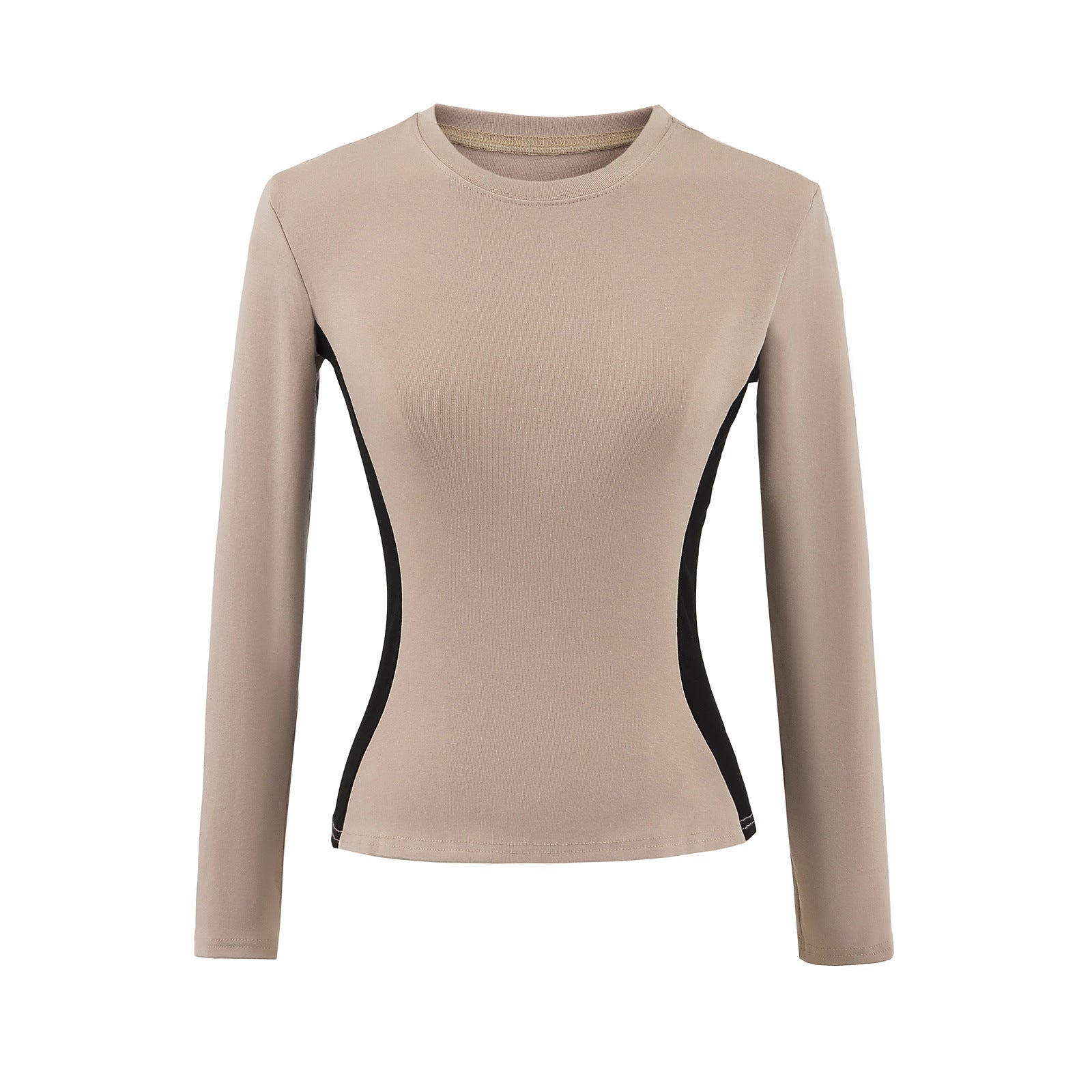 Woman wearing Round Neck Color Block Long Sleeve Top in a casual setting