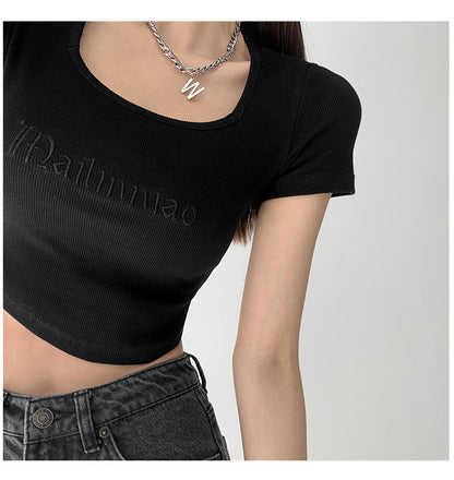 Vintage Letter Embroidery Fitted Bodysuit | Tajstylo