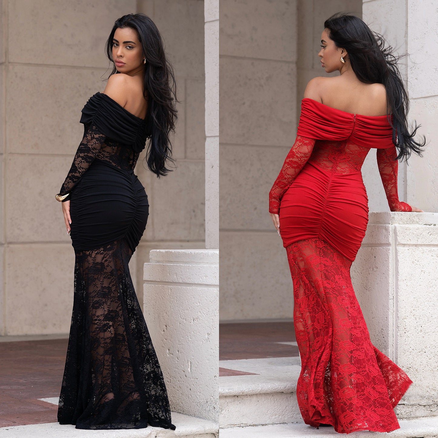 Woman wearing One-Shoulder Lace Bodycon Dress in an elegant setting
