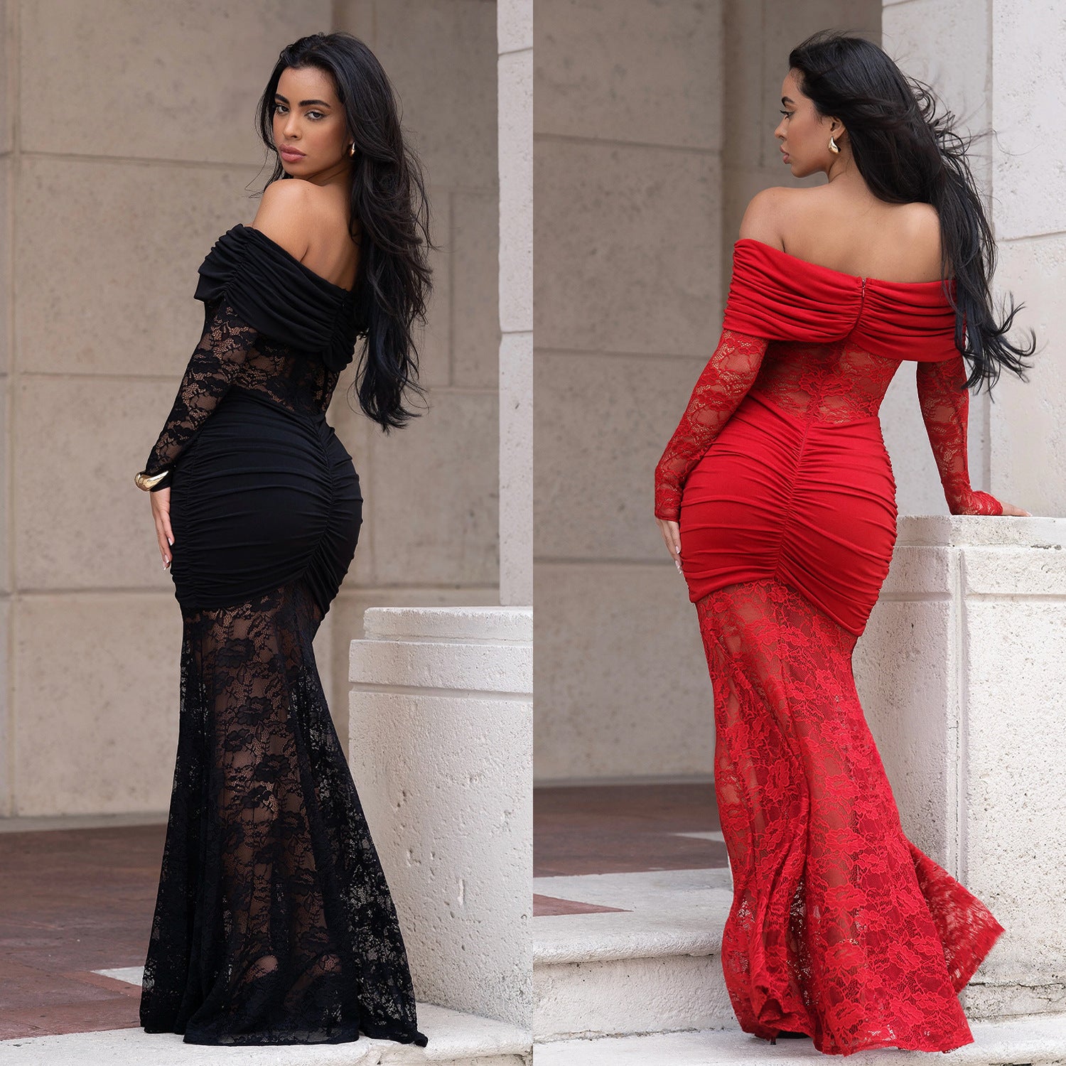Woman wearing One-Shoulder Lace Bodycon Dress in an elegant setting