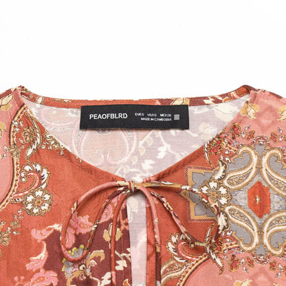 Retro Printed Long Sleeve Top with Skirt Hem | Tajstylo