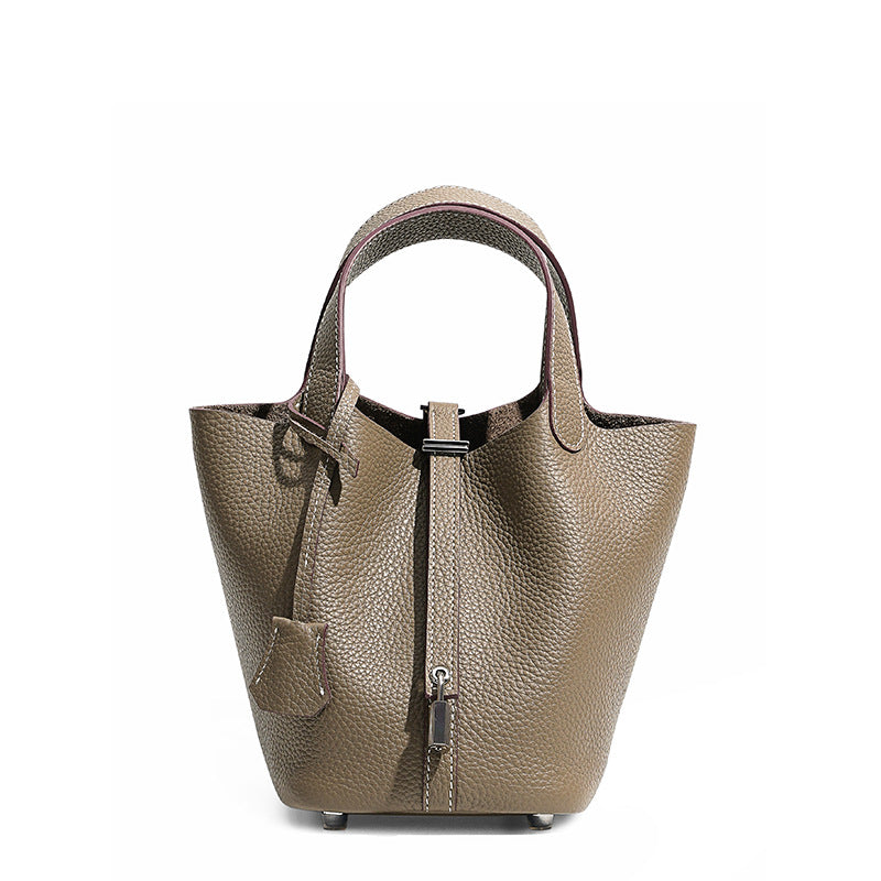 Women's Top Grain Cowhide Leather Bucket Bag – Full Look | TajStylo
