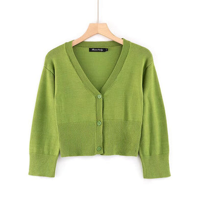 Woman wearing V-Neck Long Sleeve Short Cardigan in a casual setting