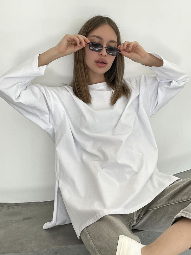 Loose Fit Long Sleeve Slit T-Shirt | Tajstylo
