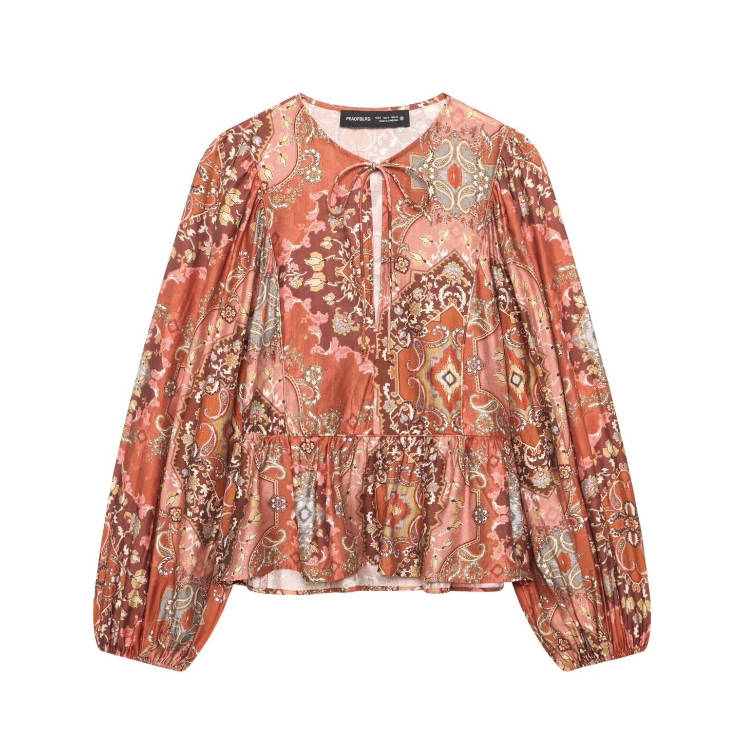 Retro Printed Long Sleeve Top with Skirt Hem | Tajstylo