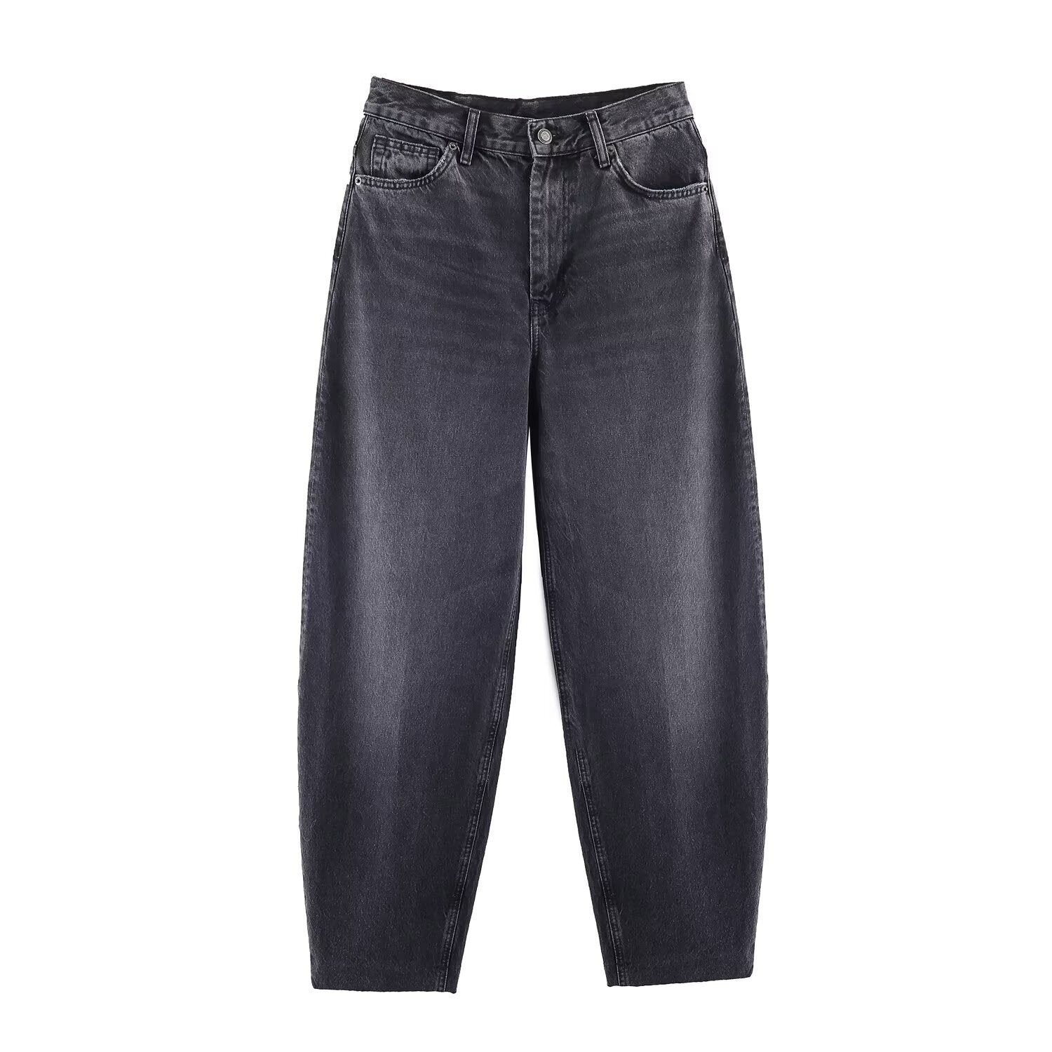 Woman wearing High Waisted Bucket Shaped Jeans in an urban setting