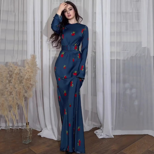 Floral Ice Silk Long Sleeve Dress | Tajstylo